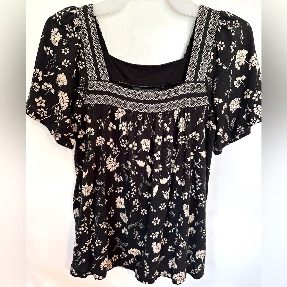 Lucky Brand Womens Floral Print Square Neck Blouse Top Size XS Ruff Sleeve Black